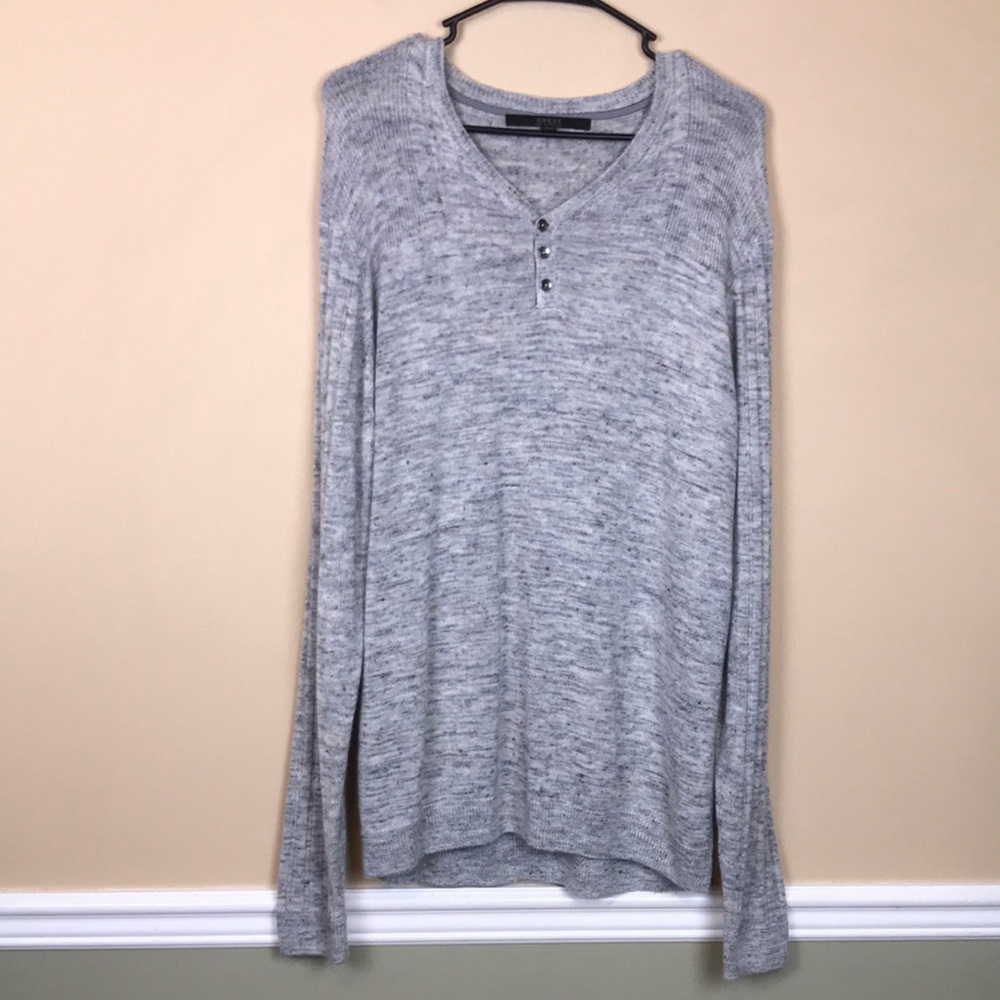 Guess Men’s Wool Linen Blend Knit Henley Blue Gray V-Neck Long Sleeve Sweater